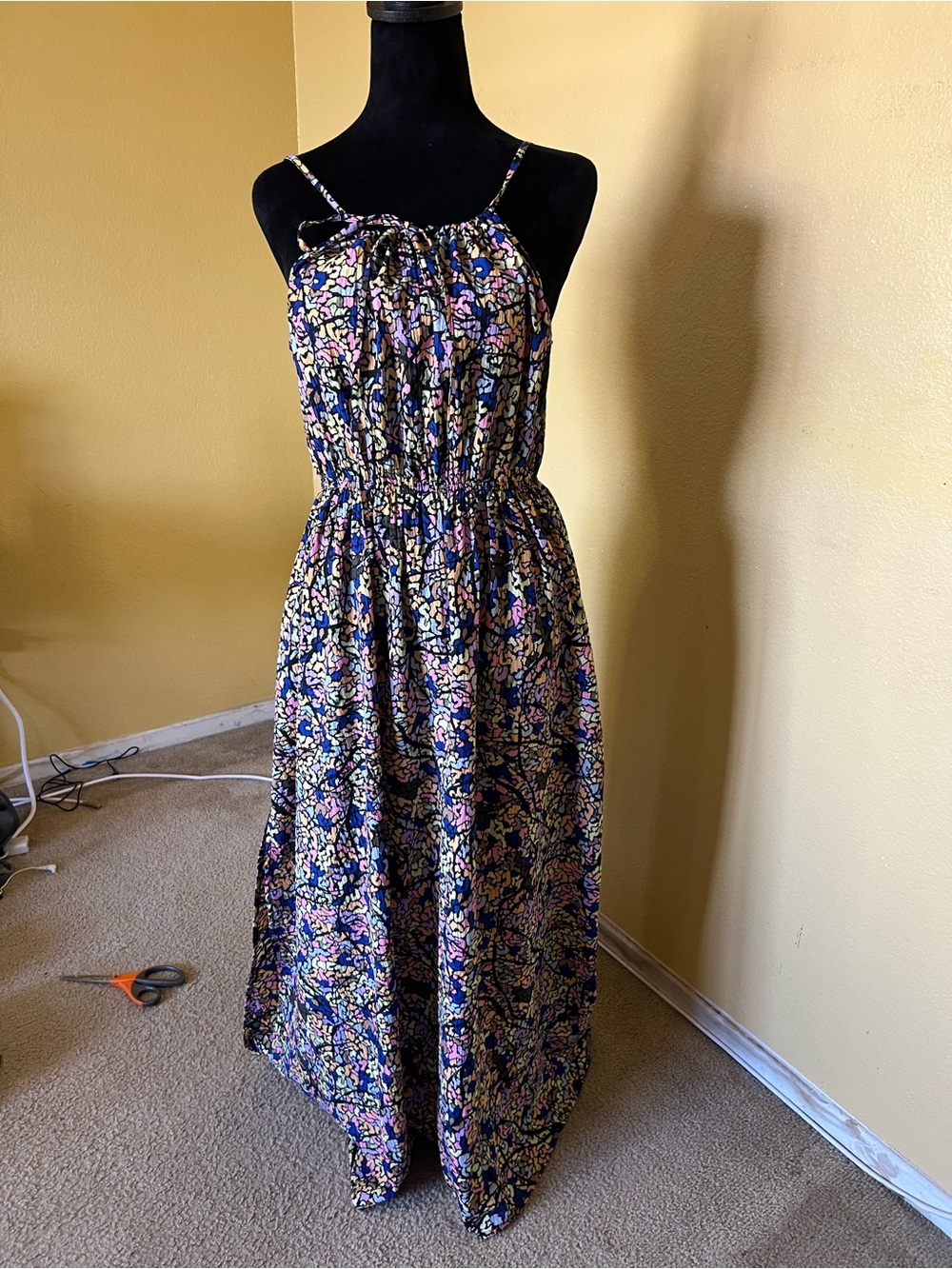 Floral Smocked Black Maxi Dress with Pink & Blue Accents